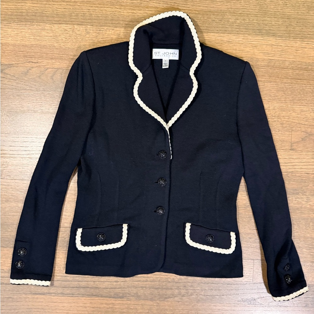 St. John Collection Santana Knit Black Blazer with Crochet Piping-Size 4
